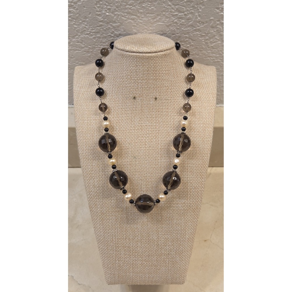 Vintage Sterling Silver Large Czech Cut Smokey Crystal & Pearl Necklace 16-18"